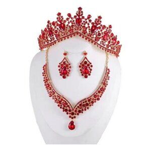 Red Necklace Earrings Crown Set Red Bridal Jewelry Set Crystal Prom Jewelry set